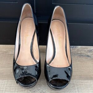 Guess Shiny Black Peep Toe Heels
